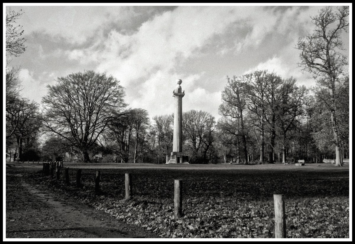 A black and white photo of a tower centred between trees with a fence along the front of the photo