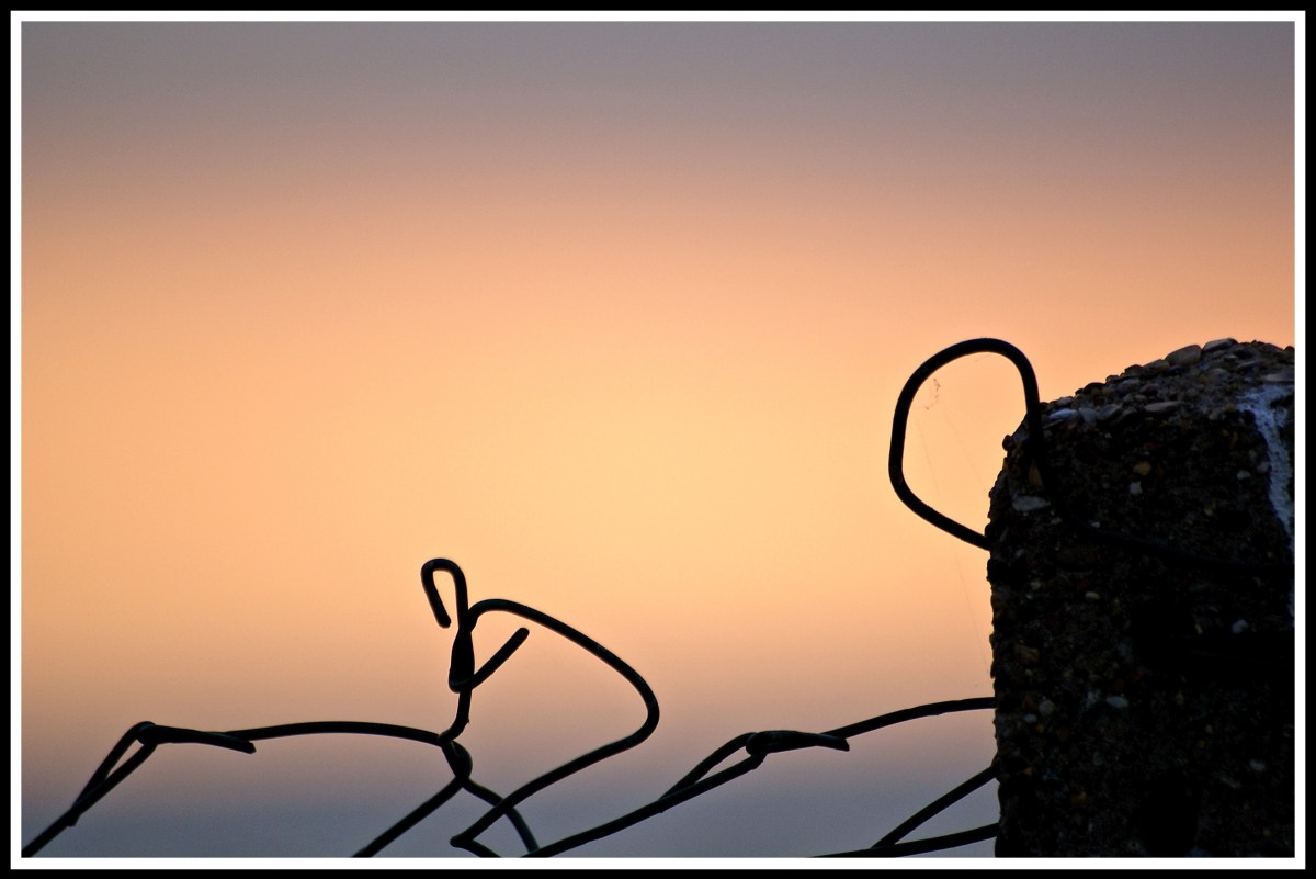 a close up of a wired fence with a beautiful sunset sky behind