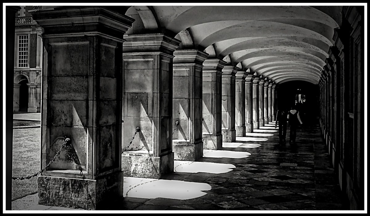 One of my very first photos taken as blind photographer. Taken with a Fugi F10 camera. I was visiting Hampton Court Palace and was struck by the contrast between the heat in the sunny parts and the cool in the the shadows when walking down this corridor. I wanted to reflect this in the patterns made by sunlight playing though the arches. I used black and white in this image to capture this feeling.