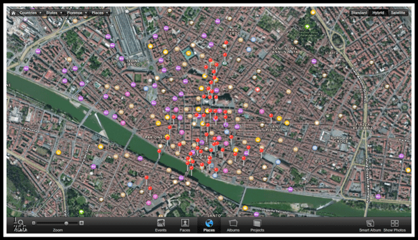 A satalite map of florence with red map pins scattered around showing where i'd taken photos