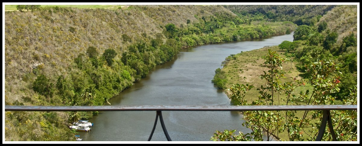 paddle boats in the bottom left corner as the river curls round to the right, surrounded by miles of tangled forest