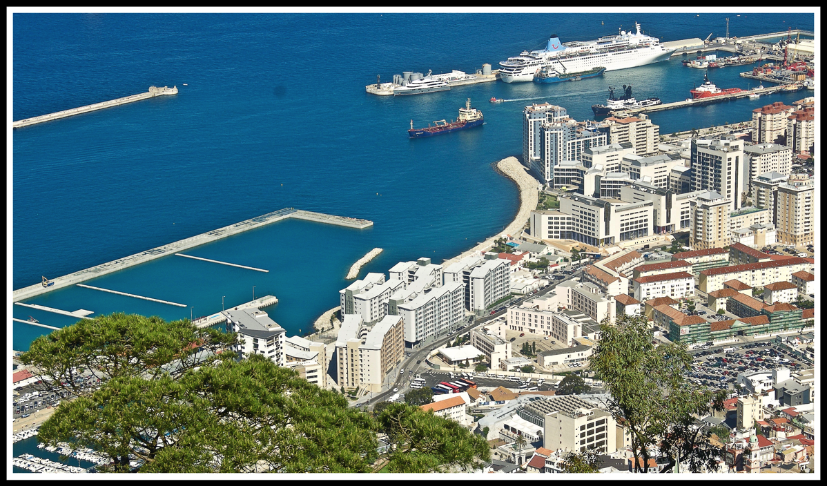 Looking down over the bay of Gibraltar with the Thomson Dream in the distance