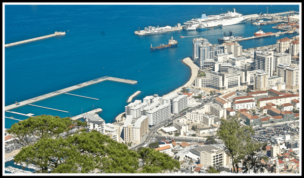 Gibraltar 1.png Looking down over the bay of Gibraltar with the Thomson Dream in the distance