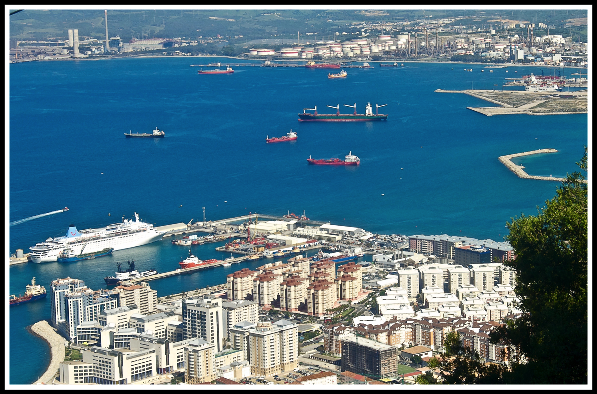 Looking down over the bay of Gibraltar with the Thomson Dream in the distance
