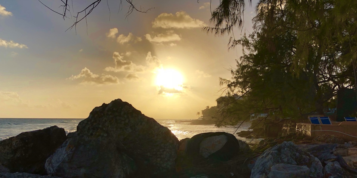 Beautiful Barbados sunset with dark rocks below the sun and trees to the right
